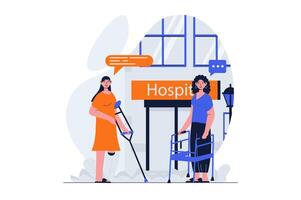 Disabilities people web concept with character scene. Handicapped women have rehabilitation in hospital. People situation in flat design. Vector illustration for social media marketing material.