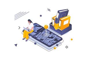 Transportation logistics concept in 3d isometric design. Woman uses delivery courier service for document folders shipping and tracking. Vector illustration with isometric people scene for web graphic