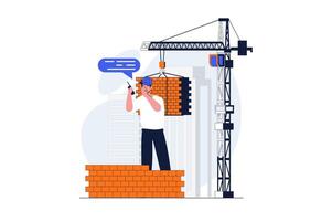 Construction engineer web concept with character scene. Man worker loading bricks with crane at building site. People situation in flat design. Vector illustration for social media marketing material.