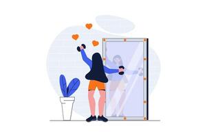 Sport training web concept with character scene. Woman with dumbbells doing strength exercises at gym mirror. People situation in flat design. Vector illustration for social media marketing material.