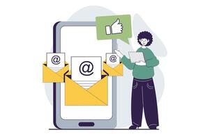 Email service concept with people scene in flat design for web. Man reading new letters and promotion newsletters using mobile app. Vector illustration for social media banner, marketing material.