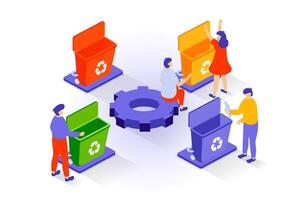 Eco lifestyle concept in 3d isometric design. People collecting and separating garbage in bins and using waste management for recycling trash. Vector illustration with isometry scene for web graphic