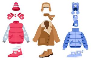 calentar invierno ropa mega conjunto elementos en plano diseño. haz de diferente Saco y chaquetas con copo de nieve ornamento, mitones, sombreros y bufandas, botas. vector ilustración aislado gráfico objetos