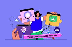 Business solution web concept with character scene. Woman working with projects, brainstorming, implements innovation. People situation in flat design. Vector illustration for marketing material.