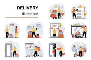 Delivery service concept with character situations mega set. Bundle of scenes people loading boxes at warehouse, delivering parcels to clients, fast shipping. Vector illustrations in flat web design