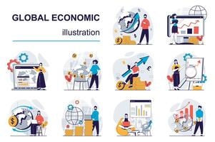 Global economic concept with character situations mega set. Bundle of scenes people analyzing worldwide market trends, making presentation, planning strategy. Vector illustrations in flat web design