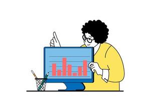 Data analysis concept with people scene in flat web design. Woman analyzing data graphs and working with statistics at computer screen. Vector illustration for social media banner, marketing material.