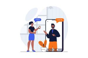 Video conference web concept with character scene. Woman and man making video call and working remotely. People situation in flat design. Vector illustration for social media marketing material.