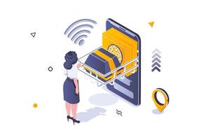 Food delivery concept in 3d isometric design. Woman ordering meal box and pizza from restaurant and using online paying in mobile app. Vector illustration with isometric people scene for web graphic