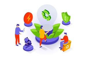 Eco lifestyle concept in 3d isometric design. People using renewable energy resource for generate electricity, recycle garbage, save planet. Vector illustration with isometry scene for web graphic