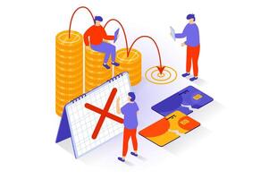 Unemployment and crisis concept in 3d isometric design. People analyze financial charts with losses and recession trend, break credit cards. Vector illustration with isometry scene for web graphic