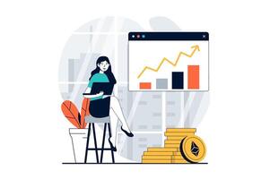 Cryptocurrency marketplace concept with people scene in flat design for web. Woman analysing financial trends and buying ethereum. Vector illustration for social media banner, marketing material.