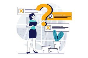 Online survey concept with people scene in flat design for web. Woman choosing right answers for filling quiz answering questions. Vector illustration for social media banner, marketing material.