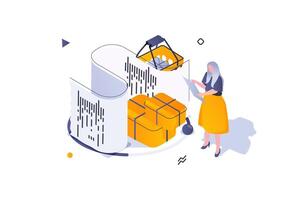 Online shopping concept in 3d isometric design. Woman buying new goods at store site, paying check and ordering delivery of boxes. Vector illustration with isometric people scene for web graphic