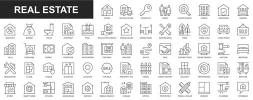 Real estate web icons set in thin line design. Pack of house, moving home, key, insurance, garage, budget, contract, realtor agency, mortgage, loan, property, other. Vector outline stroke pictograms