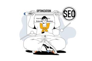 Seo optimization concept with people scene in flat line design for web. Man analyzing website data, optimizing search engines ranking. Vector illustration for social media banner, marketing material.