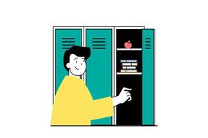 Education concept with people scene in flat web design. Student preparing to go in classroom at lessons and getting books from locker. Vector illustration for social media banner, marketing material.