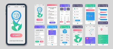 entrega móvil aplicación pantallas conjunto para web plantillas. paquete de global logístico servicio, rastreo parcela, calendario, calcular paquete. ui, ux, gui usuario interfaz equipo para Teléfono móvil diseños vector diseño