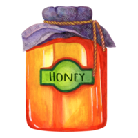 Honey watercolor illustration. Glass jar with golden dessert. Transparent pot with covered lid, cloth tied with string, homemade label. Bee product, healthy nutrition. Hand drawn clipart png