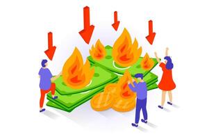 Unemployment and crisis concept in 3d isometric design. People losing their job and have financial problem, bankruptcy and burning money. Vector illustration with isometry scene for web graphic