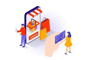 Online shopping concept in 3d isometric design. People making purchases of food in grocery store mobile application and paying with credit card. Vector illustration with isometry scene for web graphic