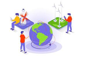 Eco lifestyle concept in 3d isometric design. People using wind turbines stations for saving to save energy sources and protect environment. Vector illustration with isometry scene for web graphic