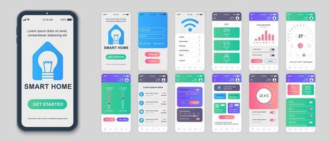 Smart home mobile app screens set for web templates. Pack of profile login, automation control, online monitoring thermostats. UI, UX, GUI user interface kit for cellphone layouts. Vector design