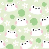 Seamless pattern of cute frog face with flower and lotus leaf on pastel background.Reptile animal character cartoon design.Clothing print screen.Baby graphic.Kawaii.Vector.Illustration. vector