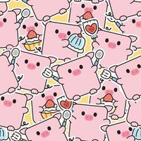 Seamless pattern of cute pig in square shape sticker in various poses with dessert background.Farm animal charcater cartoon design.Kawaii.Vector.Illustration. vector