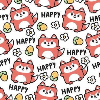 sin costura modelo de linda zorro en cuadrado forma con flor y maíz en blanco fondo.feliz texto. vector