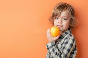 ai generado joven chico participación naranja poses para imagen foto