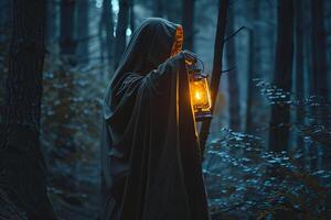 AI generated Hooded Figure Holding Lantern in Dark Forest photo