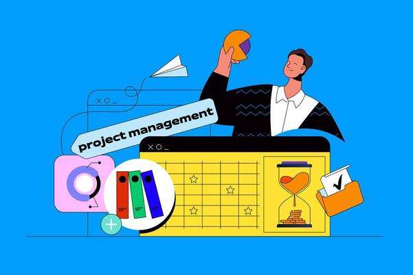 Project management web concept with character scene. Manager schedules tasks and deadlines, brainstorms and using calendar. People situation in flat design. Vector illustration for marketing material.