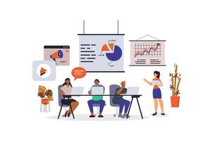 Marketing research concept with character scene for web. Women and men analysing market trends and data to launch product. People situation in flat design. Vector illustration for marketing material.