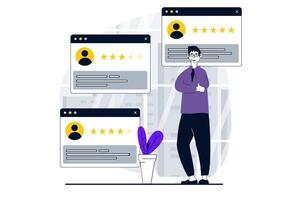 Feedback page concept with people scene in flat design for web. Man reading user experience comments and client satisfaction rating. Vector illustration for social media banner, marketing material.