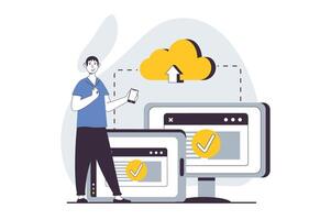 SaaS concept with people scene in flat design for web. Man using program on different devices and sync his files with cloud access. Vector illustration for social media banner, marketing material.