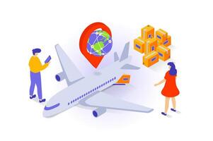 Transportation and logistics concept in 3d isometric design. People use global delivery company service for air shipping and airplane freight. Vector illustration with isometry scene for web graphic