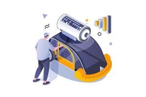 Eco lifestyle concept in 3d isometric design. Electric car with battery, green transportation using sustainable alternative sources. Vector illustration with isometric people scene for web graphic