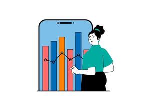 Digital business concept with people scene in flat web design. Woman analyzing data graph statistics of online company in mobile app. Vector illustration for social media banner, marketing material.