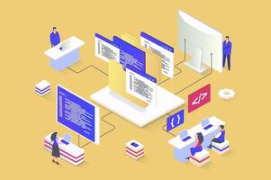 Web development concept in 3d isometric design. Designers prototyping and coding, working on ui ux for mobile apps and pages layouts. Vector illustration with isometry people scene for web graphic