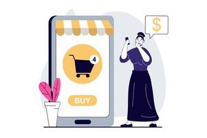 móvil comercio concepto con personas escena en plano diseño para web. mujer haciendo en línea orden y comprando bienes utilizando móvil solicitud. vector ilustración para social medios de comunicación bandera, márketing material.