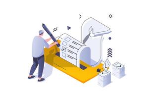 Election and voting concept in 3d isometric design. Man voter chooses his political candidate and put tick on ballot in polling place. Vector illustration with isometric people scene for web graphic