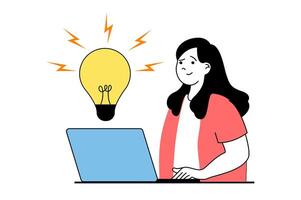 Brainstorming concept with people scene in flat web design. Woman working at laptop and finding solutions for business improvement. Vector illustration for social media banner, marketing material.