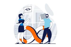 DevOps concept with people scene in flat design for web. Man and woman working in team at project, optimization programming processes. Vector illustration for social media banner, marketing material.