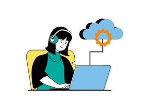 nube informática concepto con personas escena en plano web diseño. mujer haciendo mejoramiento y ajustes utilizando apoyo archivos a ordenador portátil. vector ilustración para social medios de comunicación bandera, márketing material.