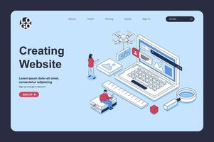 Website creating concept in 3d isometric design for landing page template. People creating UI UX interface, prototyping and testing scripts, optimizing and improving page. Vector illustration for web