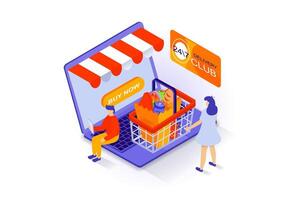 en línea compras concepto en 3d isométrica diseño. personas ordenando comida en supermercado o tienda de comestibles Tienda página web con entrega y pagar crédito tarjeta. vector ilustración con isometria escena para web gráfico