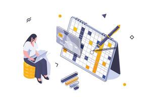 Business marketing concept in 3d isometric design. Woman working at laptop, planning dates in calendar, organization and content manage. Vector illustration with isometric people scene for web graphic