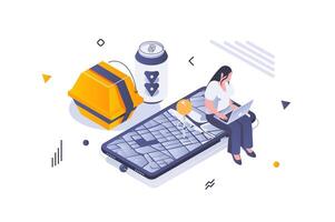 Food delivery concept in 3d isometric design. Woman makes online order from restaurant and tracks package using map in mobile app. Vector illustration with isometric people scene for web graphic