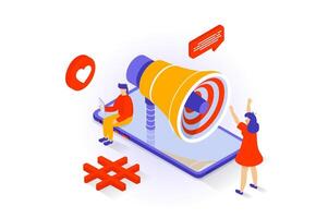 Social media concept in 3d isometric design. People using content and online promotion tools for developing blogs and attracting followers. Vector illustration with isometry scene for web graphic